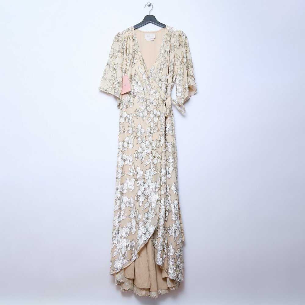 BHLDN Bloomsbury Wrap Floral Metallic Maxi Spring Bridal Wedding Dress Med NWT